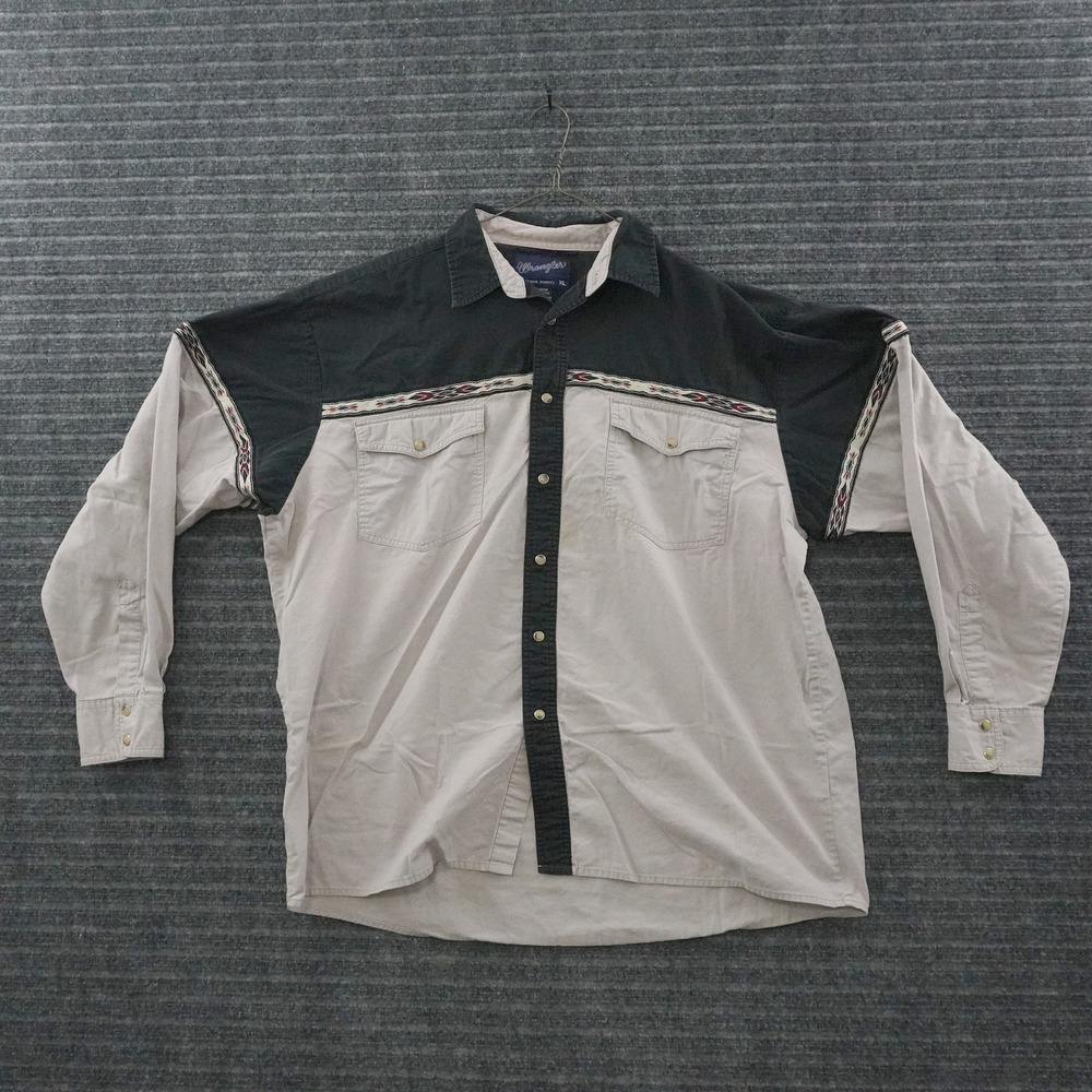 Wrangler Western Shirt Mens XL Tan Black Southwestern Trim Pearl Snap LS